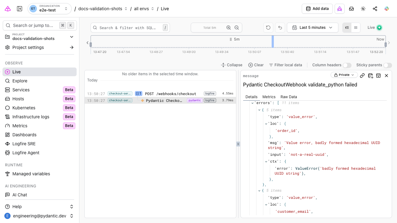 A Pydantic validation failure in the Logfire live view, with the structured errors captured on the record